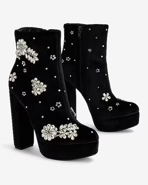 NEW EXPRESS BLACK RHINESTONE EMBELLISHED PLATFORM HEELED ANKLE BOOTIES BOOTS 6